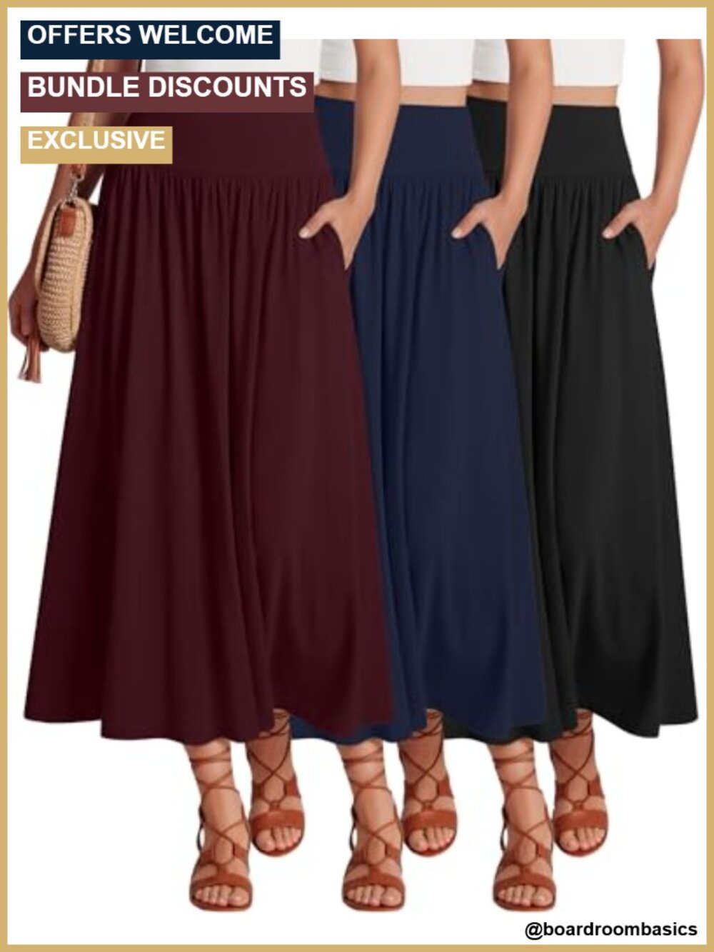 Pleated A-Line Maxi Skirts 3-Pack Women Ankle